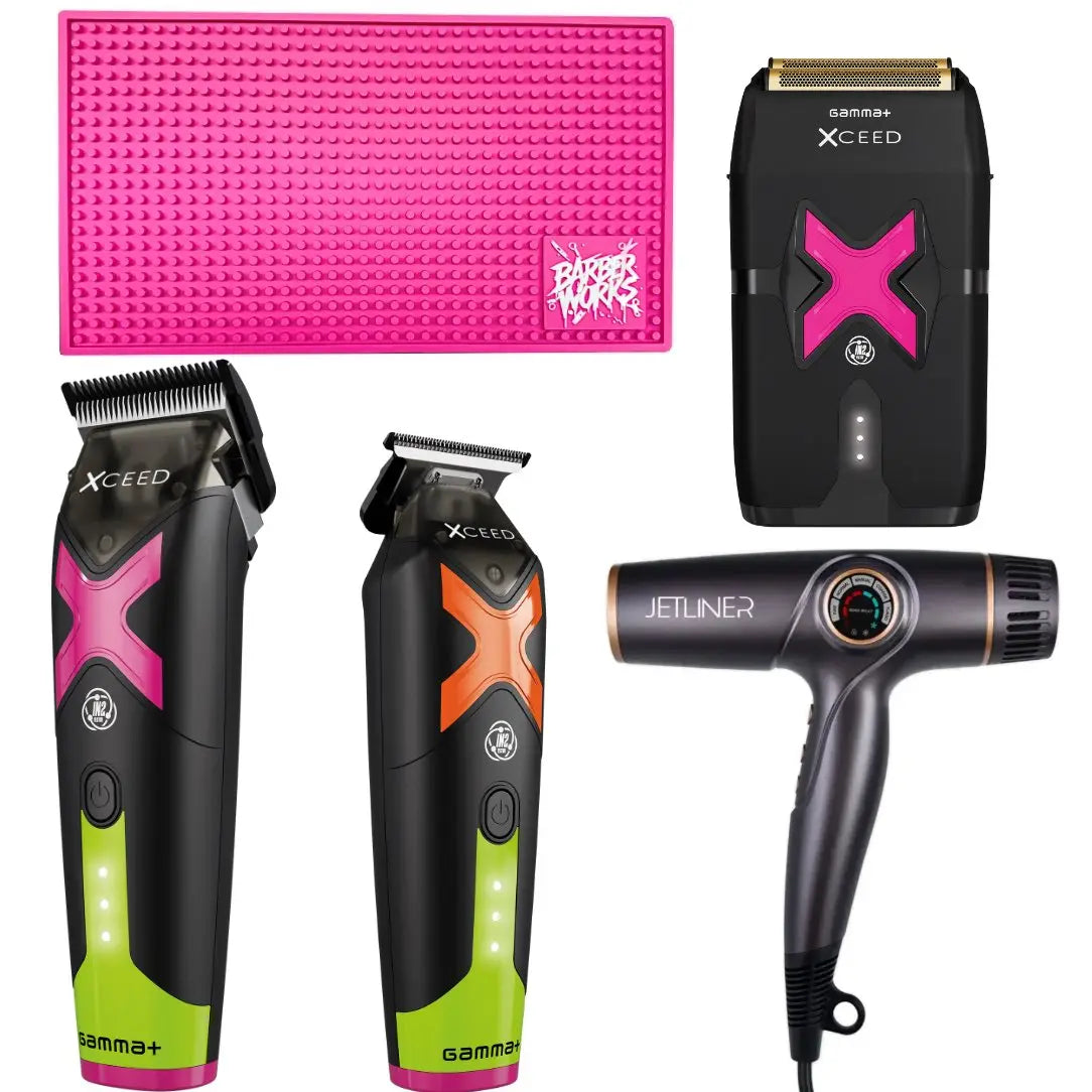 Limited Bundle: JetLiner Dryer + Gamma+ XCeed Clipper, Trimmer & Shaver + Barber Works Station Mat - BUYBARBER.COM