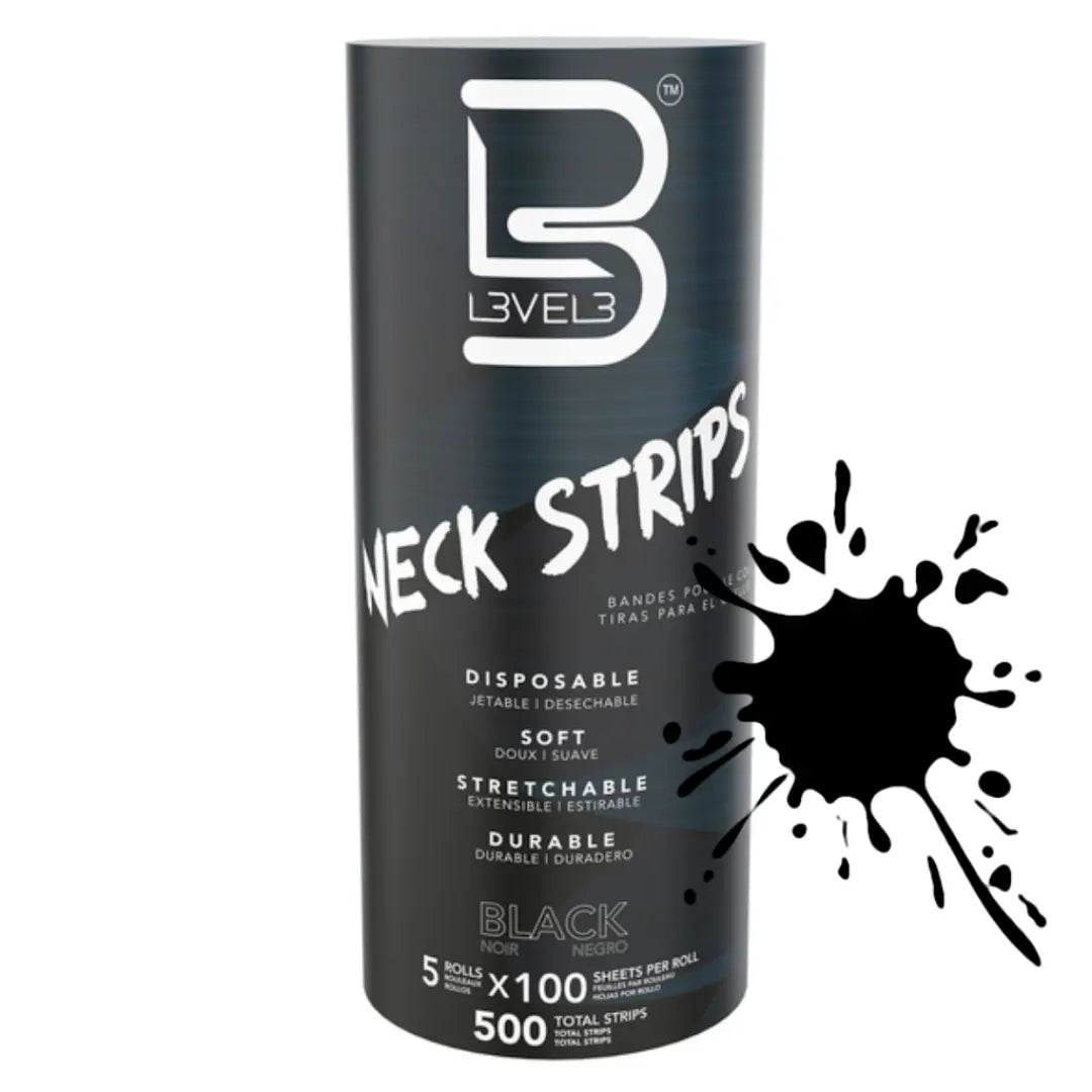 Canister of Level 3 Neck Strips with black splatter design on a white background