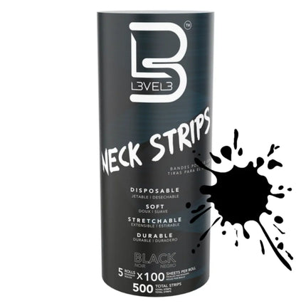 Canister of Level 3 Neck Strips with black splatter design on a white background