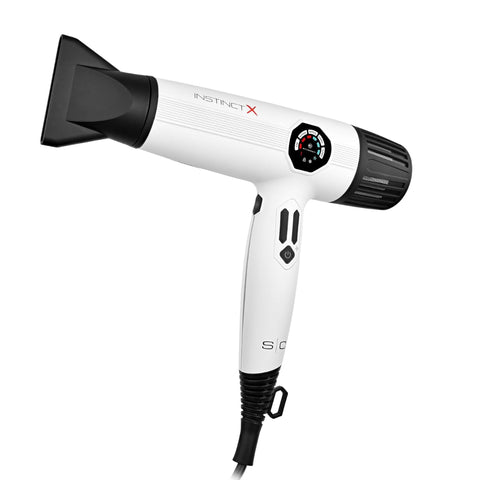 “Close‑up of Instinct X ionic hair dryer digital screen showing heat and speed settings”

