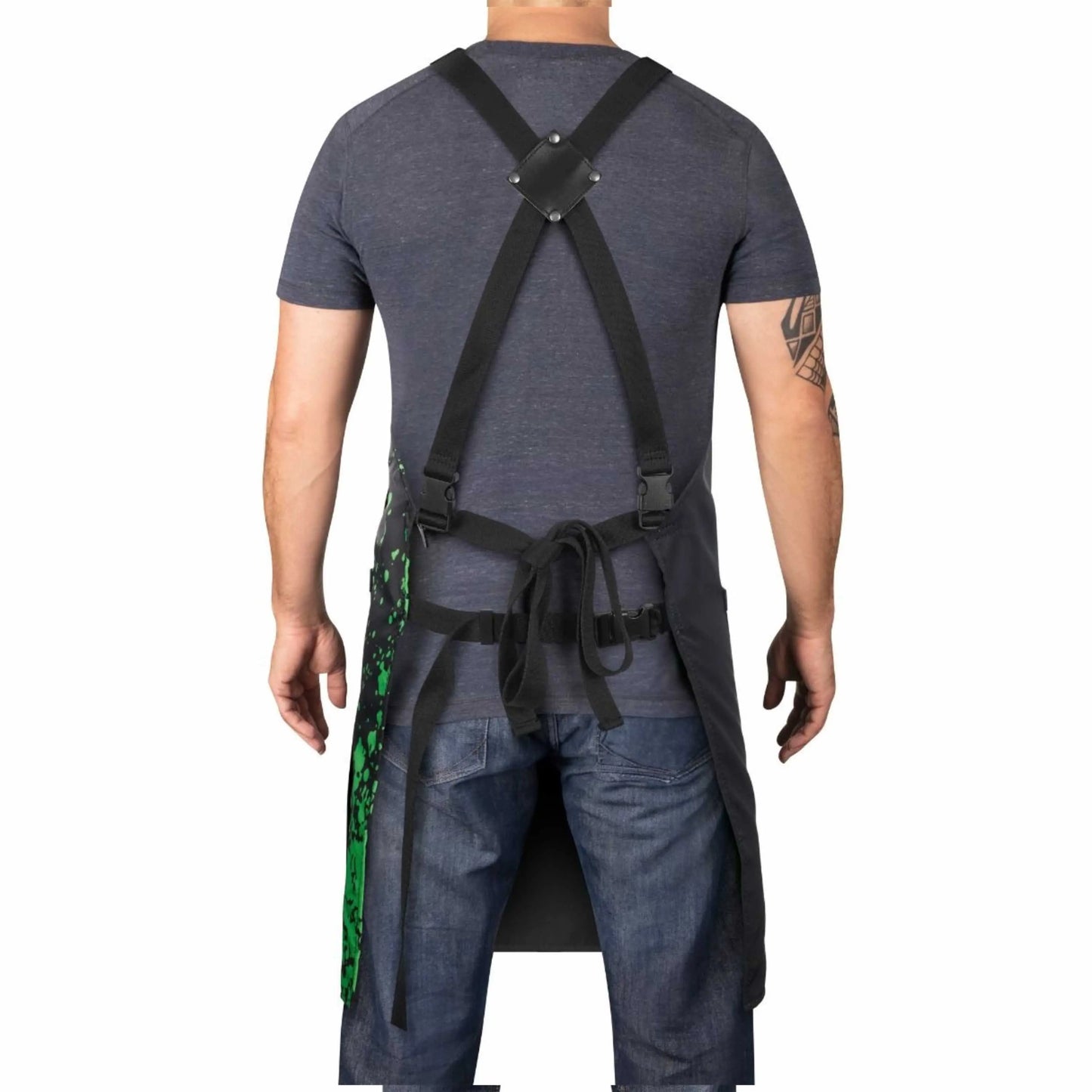 StyleCraft Radioactive Apron Person wearing a dark apron with suspenders on a white background