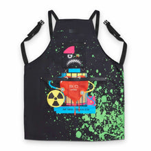 StyleCraft Radioactive Apron Black apron with colorful robot graphic and splatter design on a white background