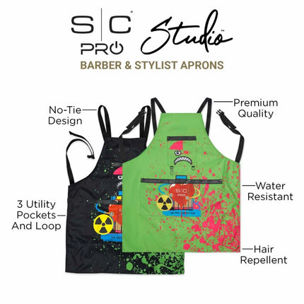 StyleCraft Radioactive Apron Two barber and stylist aprons with features highlighted on a white background.