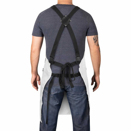 StyleCraft Pro Apron Person wearing a dark gray t-shirt, blue jeans, and black suspenders on a white background