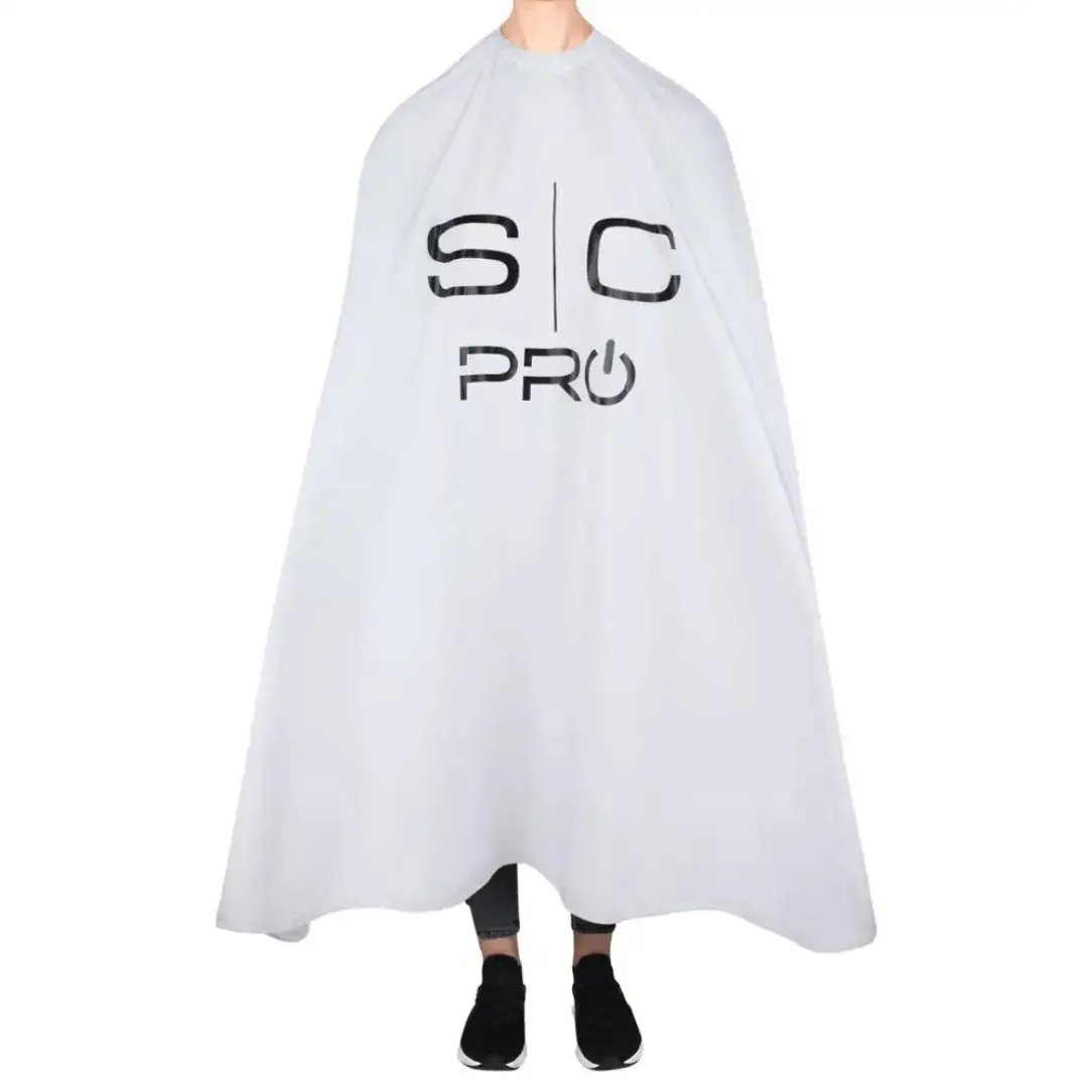 White barber cape with 'SC Pro' logo on a white background