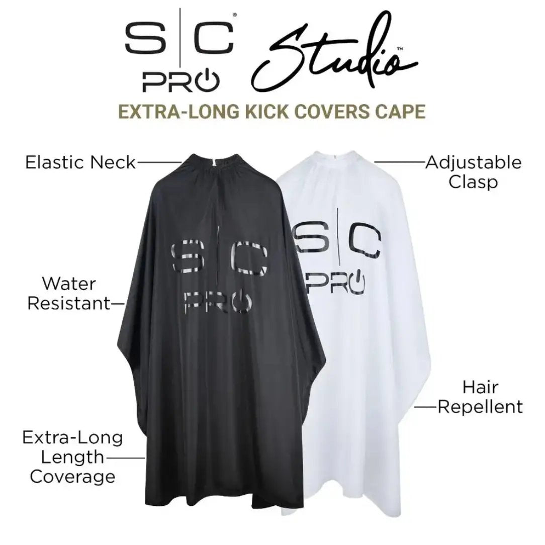 Black and white S.C Pro Studio extra-long kick covers cape with features highlighted.