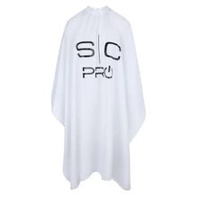 White barber cape with 'SC Pro' logo on a white background