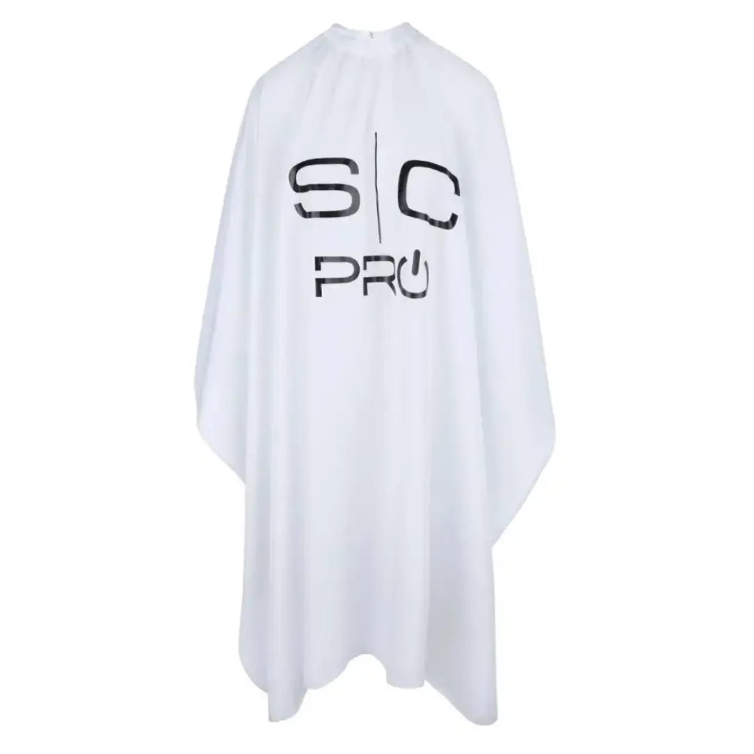 White barber cape with 'SC Pro' logo on a white background