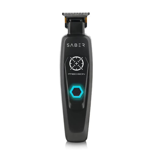 A black Precision Saber digital brushless motor hair trimmer with a visible blue light ring around the power button.