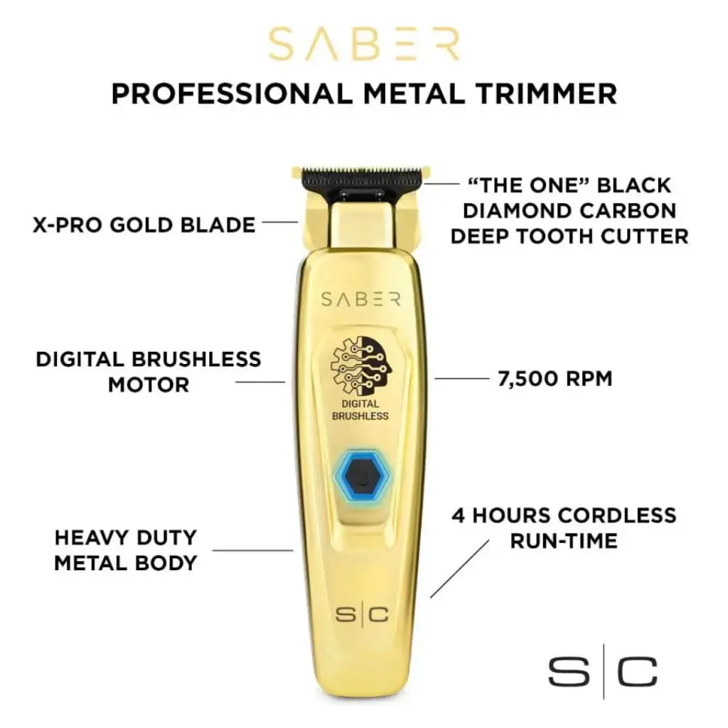 Gold Saber professional metal trimmer with features highlighted on a white background