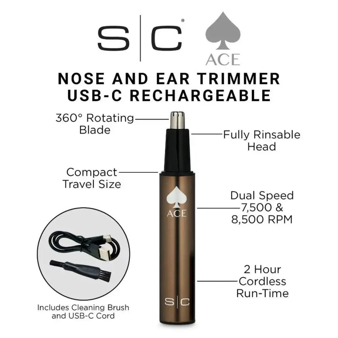Nose and ear trimmer with features labeled on a white background