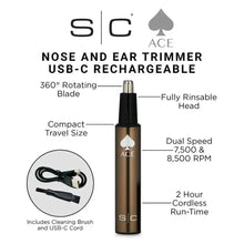 Nose and ear trimmer with features labeled on a white background