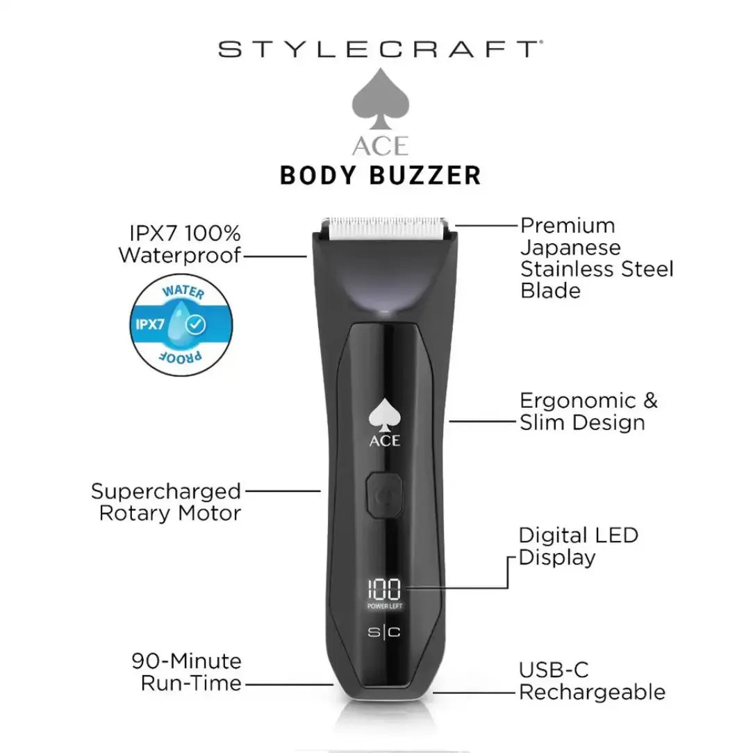 StyleCraft Ace Body Buzzer Hair Trimmer – 6,500 RPM, IPX7, USB-C Stylecraft