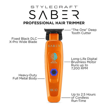 An orange Stylecraft Saber professional hair trimmer with black and blue accents, surrounded by text callouts highlighting its features on a white background.