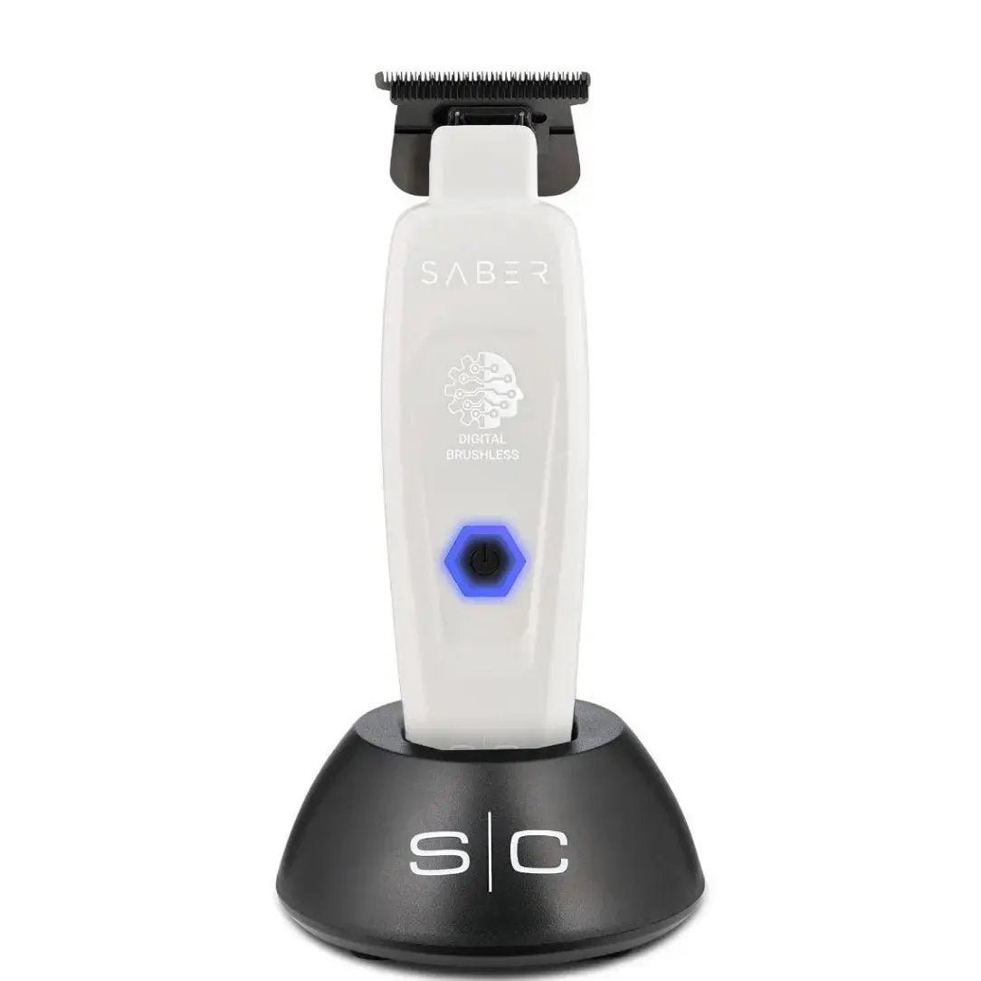 Hair trimmer with charging stand on a white background