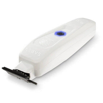 White electronic device with a blue light on a white background