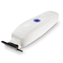 White electronic device with a blue light on a white background