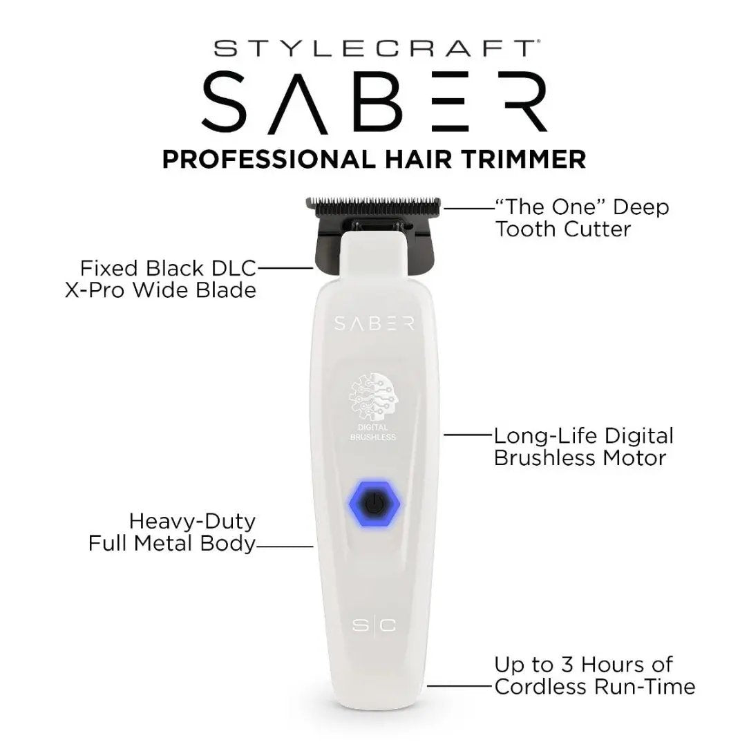 Stylecraft Saber professional hair trimmer with features highlighted on a white background