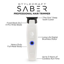 Stylecraft Saber professional hair trimmer with features highlighted on a white background