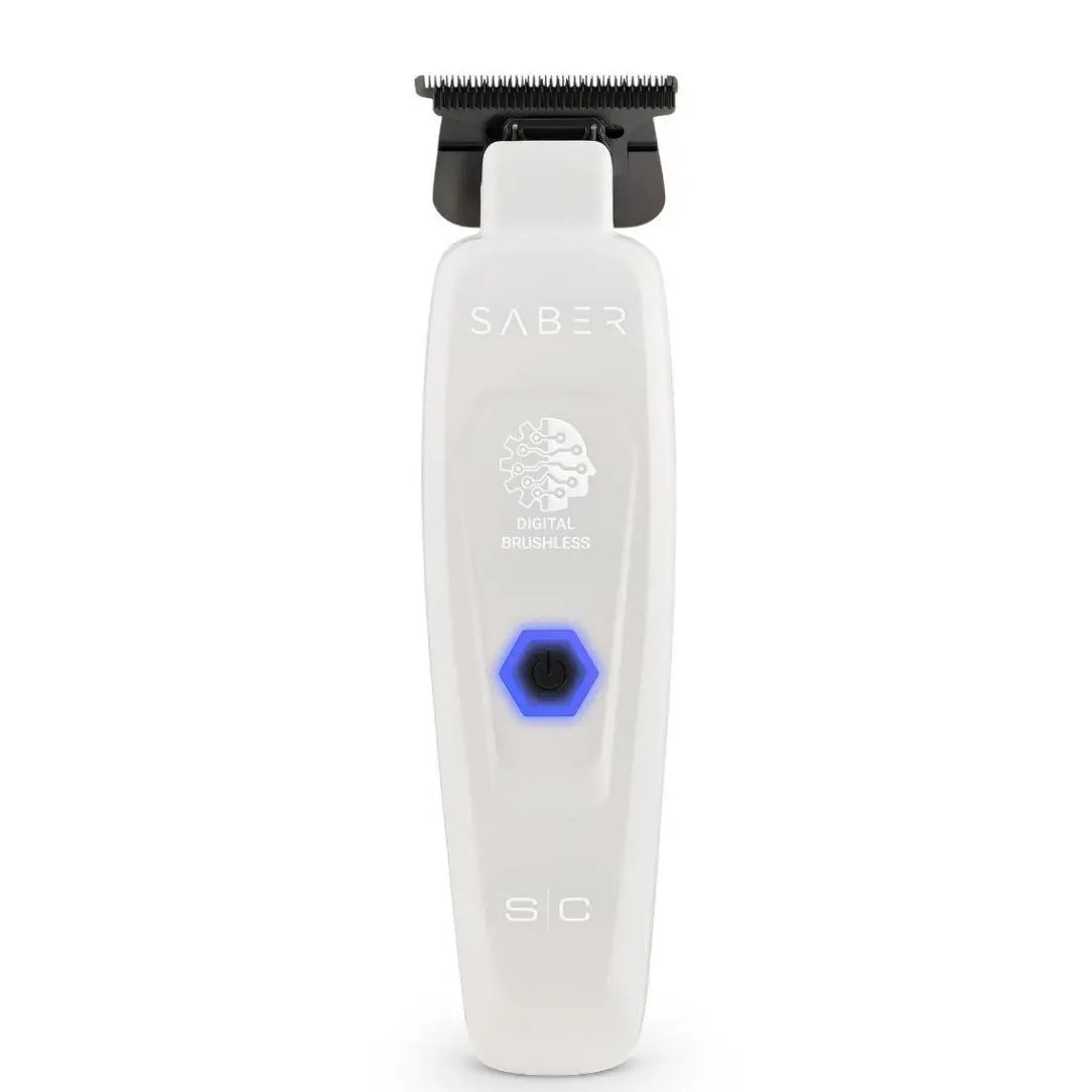 White hair trimmer with black top on a white background