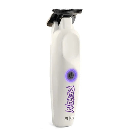 White grooming clipper with purple logo on a white background