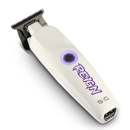 White hair trimmer with purple logo on a white background