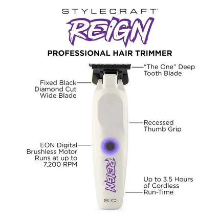 Stylecraft Reign professional hair trimmer with features highlighted on a white background