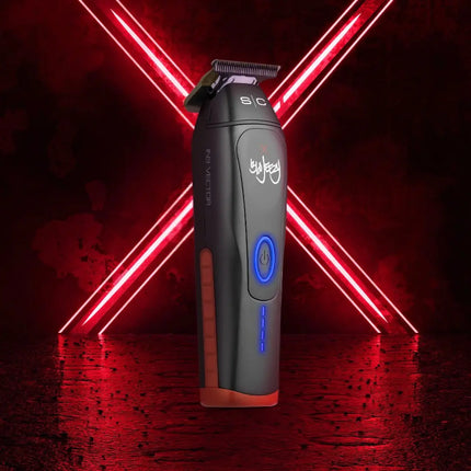 A cordless electric hair clipper shown upright against a dark red background with glowing red neon X-shaped light beams. The clipper is primarily dark gray/black with a blue circular power button, blue LED indicator lights, and a small white script logo on the front.