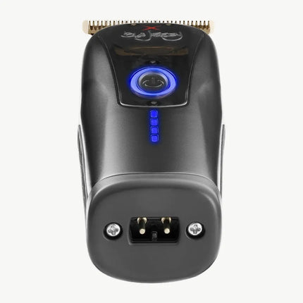 A black cordless electric hair clipper shown from the back, featuring a blue illuminated power button, vertical battery indicator lights, and a three-prong power plug on the rear.