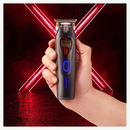 A hand holding a black electric trimmer with a blue circular power button and a small digital display, set against a dark background with red neon X-shaped light beams.