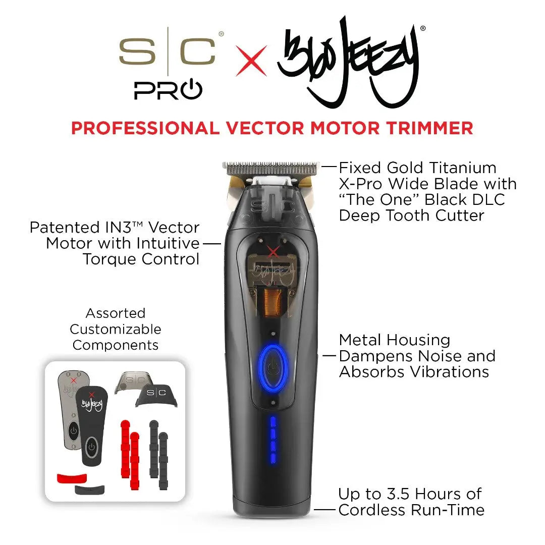 S|C PRO x Sajeetzy professional vector motor trimmer shown on a white background with feature callouts and accessory inset. The trimmer is black with blue illuminated accents and a gold-toned blade area.