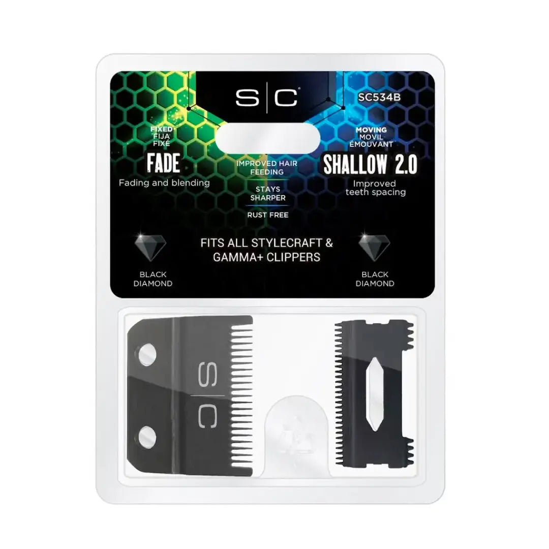 Replacement Double Black Diamond Carbon DLC Fixed Fade Blade With Shallow Tooth Cutter 2.0 Clipper Blade Set - BUYBARBER.COM