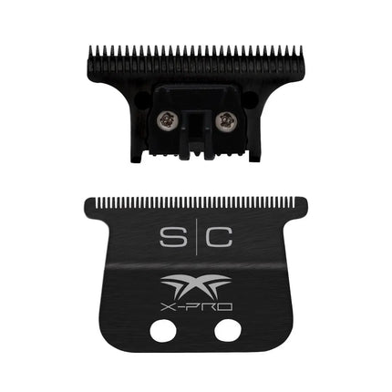 A set of professional-grade replacement blades for trimmers, featuring a black diamond carbon DLC cutter and a black titanium blade.