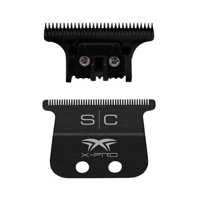 A set of professional-grade replacement blades for trimmers, featuring a black diamond carbon DLC cutter and a black titanium blade.