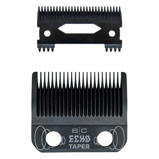 Echo Taper DLC Clipper Blade Two black hair clipper combs on a white background