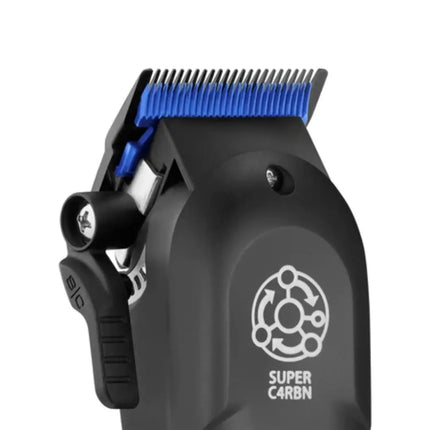 Stylecraft Black DLC Echo Clipper Blade & Blue Ceramic Cutter SC554B Black electric hair clippers with a blue guide comb and white 'SUPER C4BN' logo on the side, shown on a plain white background.