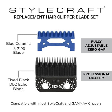 Stylecraft replacement hair clipper blade set showing a blue ceramic cutting blade and a fixed black DLC echo blade, with text labels and feature callouts on a white background.