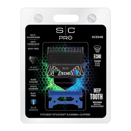 S.C Pro SC554B Echo Deep Tooth clipper packaging, featuring a black and blue clipper set inside a clear plastic blister pack with a black and green honeycomb-patterned label.