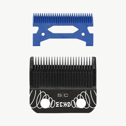 Stylecraft Black DLC Echo Clipper Blade & Blue Ceramic Cutter SC554B Two metal clipper guide combs shown on a light gray background: a blue upper comb and a larger black lower comb with white printed graphics and the text 'SC ECHO'.