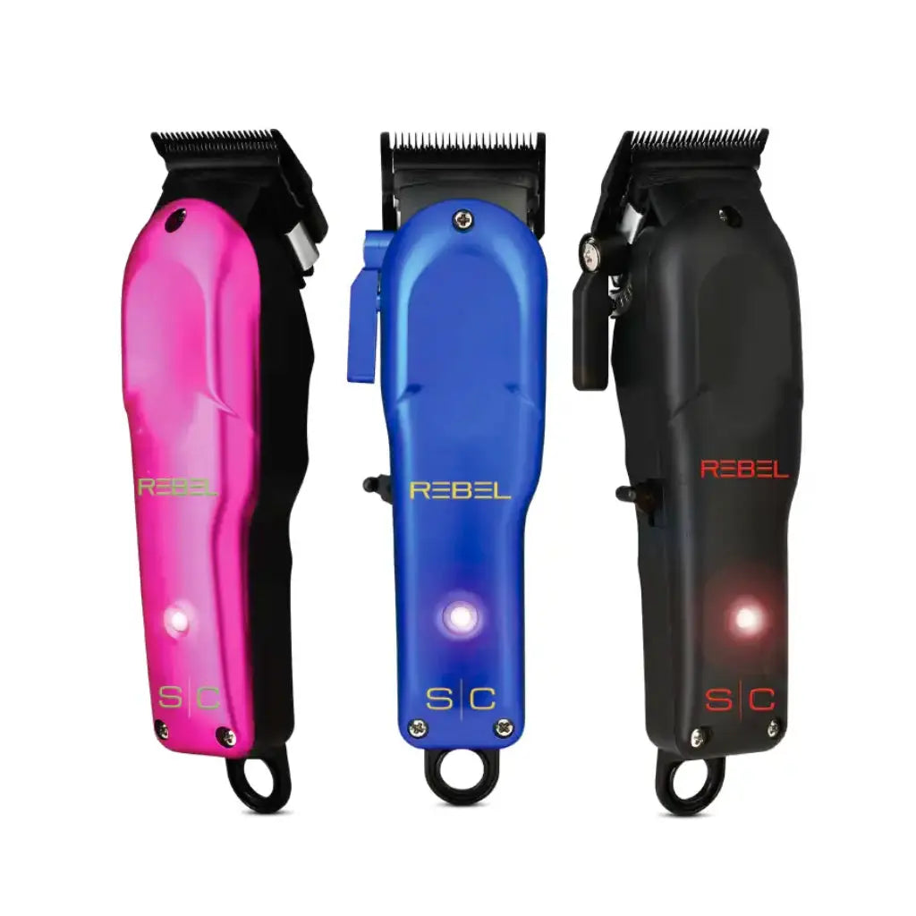 Three hair clippers in pink, blue, and black with 'REBEL' branding on a white background.