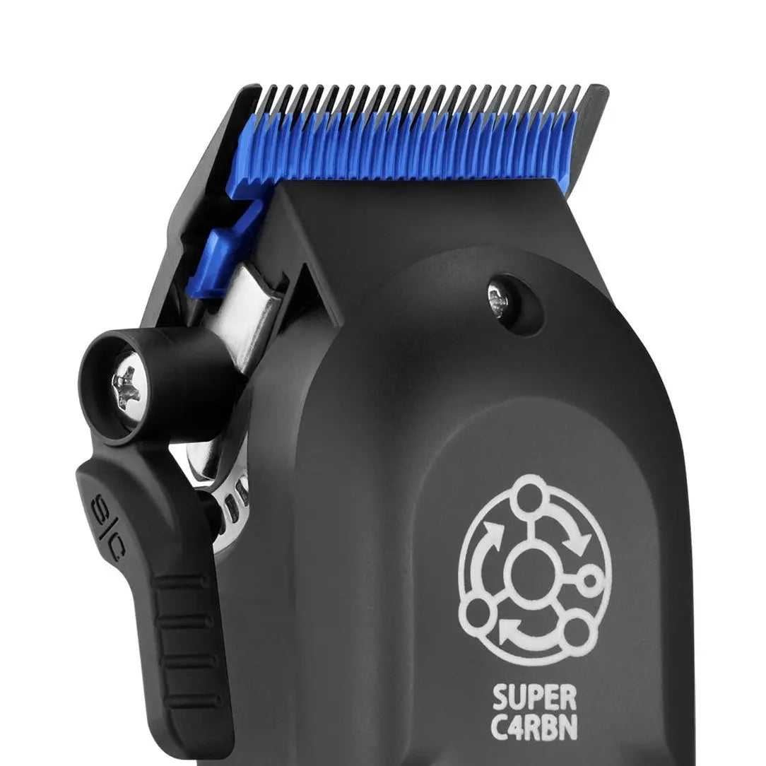 Rebel 2.0 Professional Hair Clipper Hair clipper with blue comb attachment on a white background, featuring the 'Super Carbon' brand.