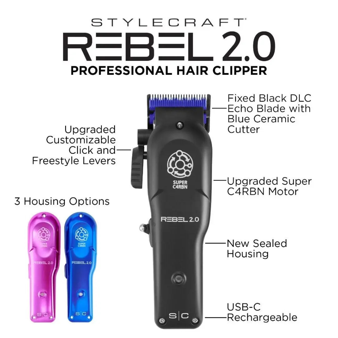Stylecraft Rebel 2.0 professional Rebel 2.0 Professional Hair Clipper with features highlighted on a white background