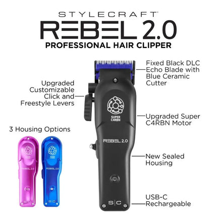 Stylecraft Rebel 2.0 professional Rebel 2.0 Professional Hair Clipper with features highlighted on a white background