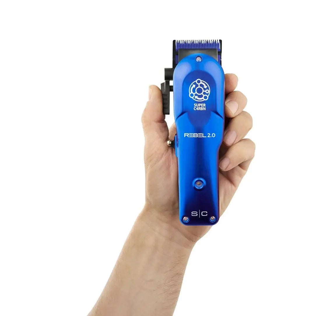 Blue Rebel 2.0 Professional Hair Clipper held in a hand against a white background