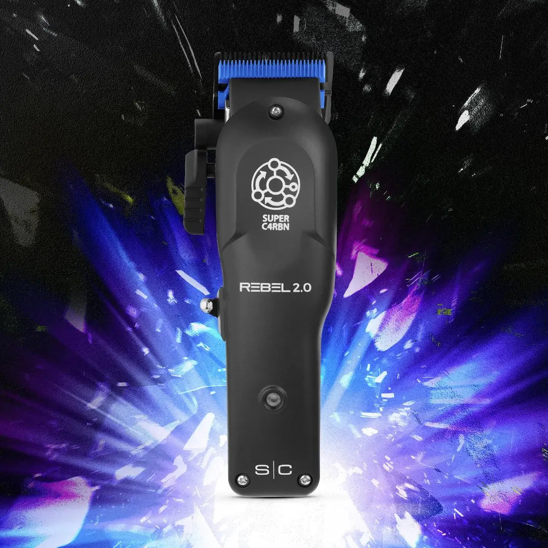 Rebel 2.0 Professional Hair Clipper Hair trimmer with 'Super Carbon Rebel 2.0' branding on a colorful abstract background