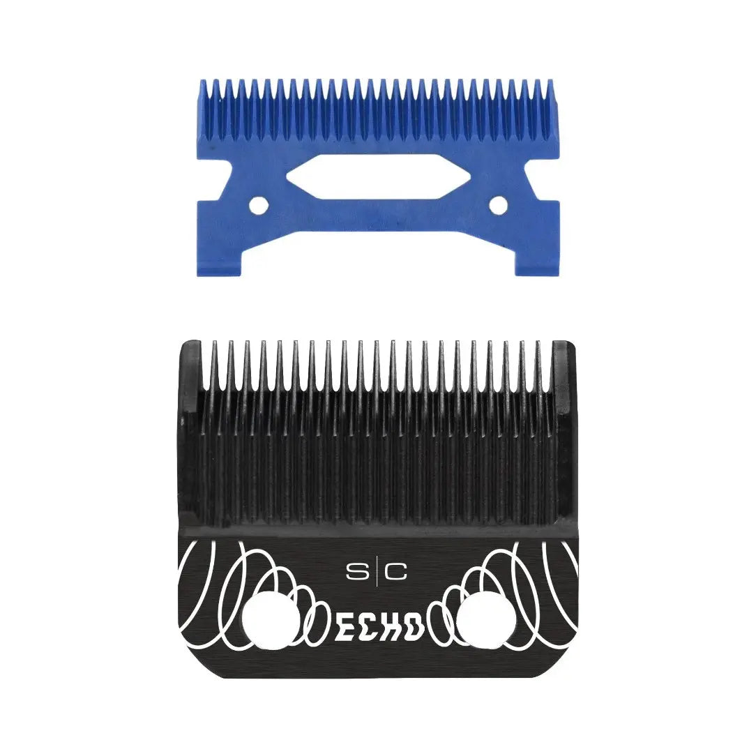 Blue and black Rebel 2.0 Professional Hair Clipper comb attachments on a white background