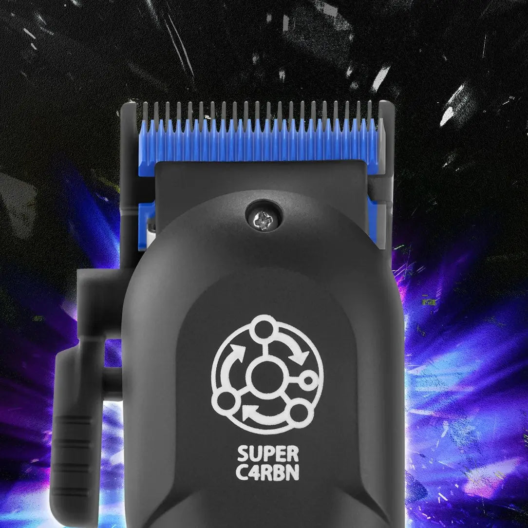 Rebel 2.0 Professional Hair Clipper Black and blue hair trimmer with 'Super Carbn' branding against a colorful abstract background