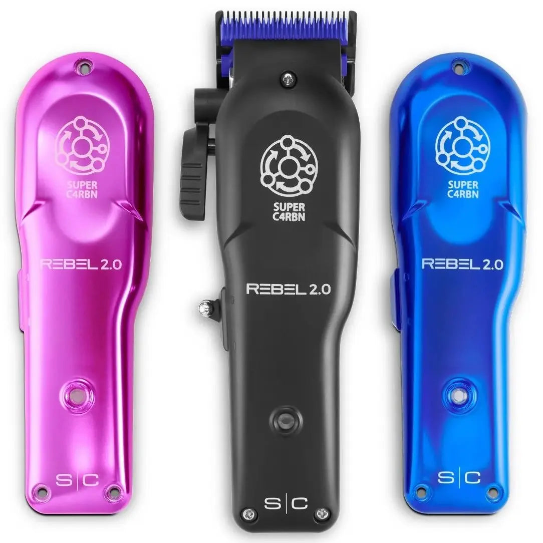 Three Rebel 2.0 Professional Hair Clipper in purple, black, and blue with 'Super Carbon' branding on a white background.