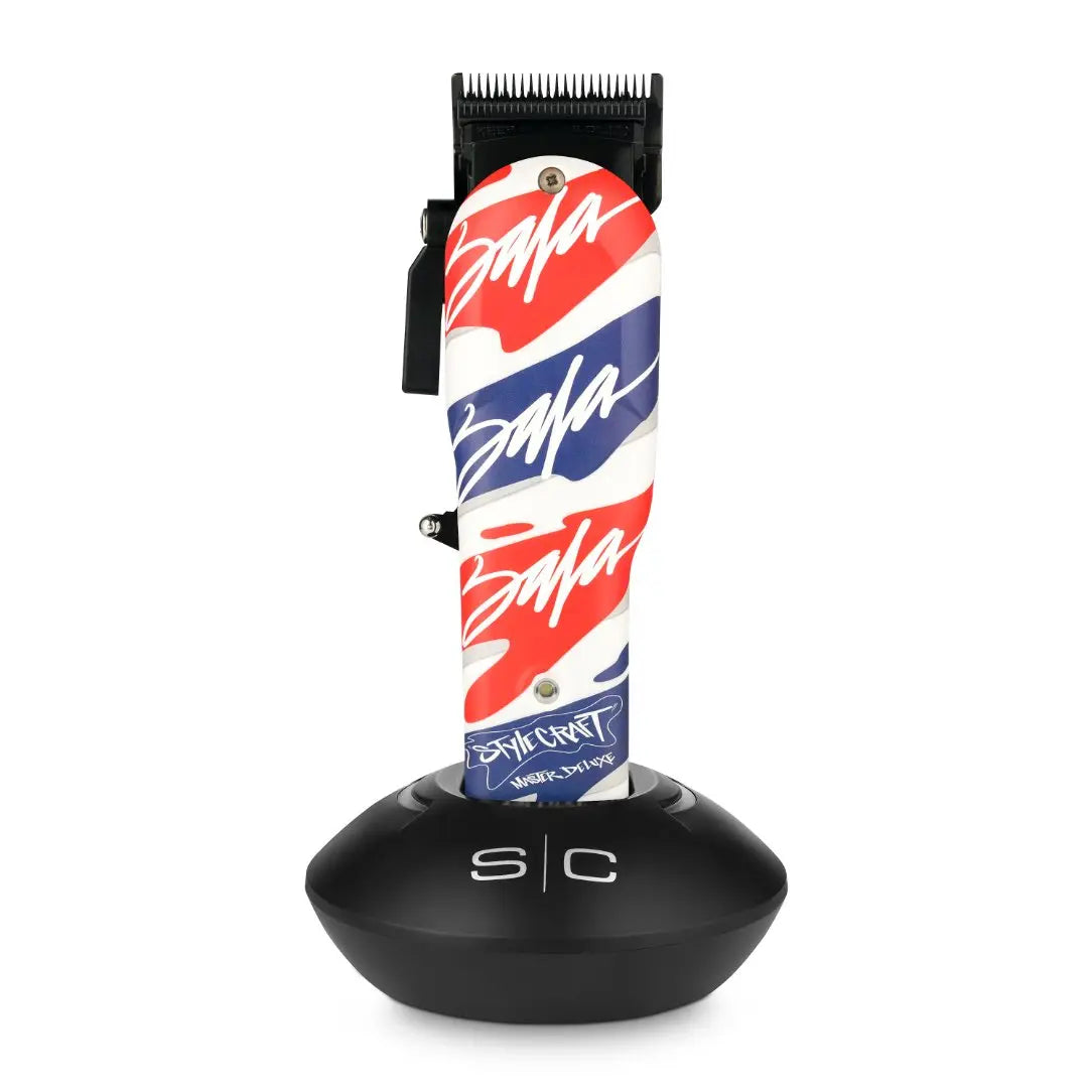Hair trimmer with colorful design on the handle against a white background