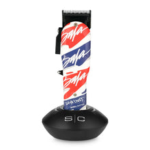 Hair trimmer with colorful design on the handle against a white background